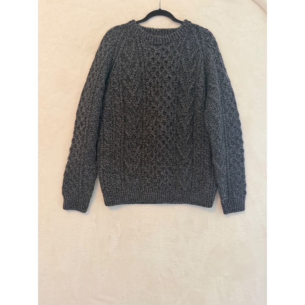 Carraig Donn Handknit Ireland Wool Sweater Mens Large Gray Aran Cable‎ Knit Crew